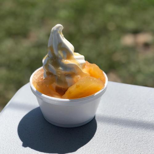 A cup of soft serve ice cream topped with peach slices and a drizzle of syrup, sitting on a table outdoors.