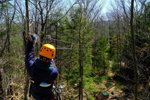 A person in a helmet zip-lining through a forest on a sunny day, surrounded by trees and greenery.