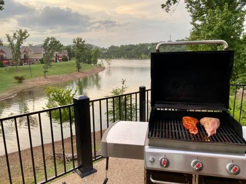 A grill with meat cooking overlooks a serene lake and green landscape under a cloudy sky.