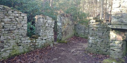 Ruins of a stone structure surrounded by trees and foliage, with a dirt path leading through the remains.