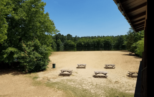A sandy area by a calm lake, surrounded by trees, with picnic tables arranged in the foreground under a clear blue sky.