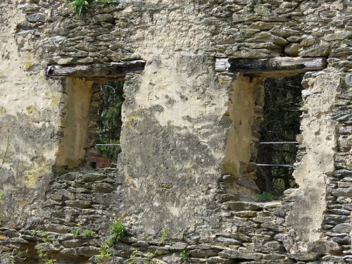 Weathered stone wall with three window openings, partially covered in moss and surrounded by greenery.