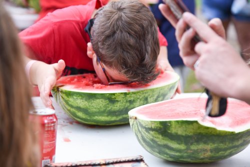 A child leans over a watermelon, eating it directly from the rind at a festive outdoor event.