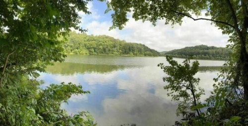 A serene lake surrounded by lush greenery and trees, reflecting the sky and hills in calm waters.