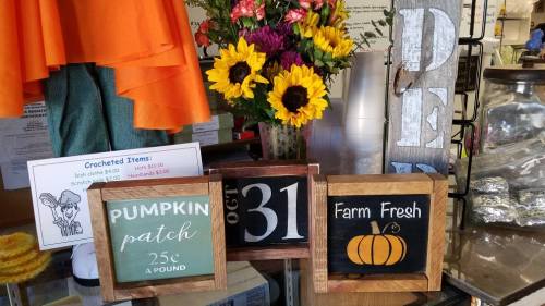 A display with flowers, a sign for a pumpkin patch, and a "Farm Fresh" sign with a pumpkin illustration.