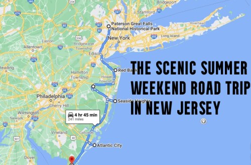 Map showing a scenic summer weekend road trip route in New Jersey, highlighting key locations and travel time.