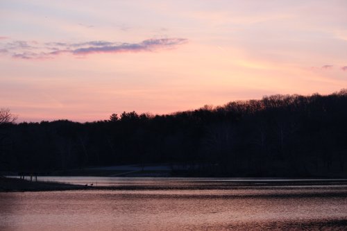 A serene lake at sunset, reflecting soft pink and purple hues, surrounded by trees and a calm atmosphere.