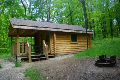 A small log cabin surrounded by lush green trees, with a porch and a fire pit nearby.