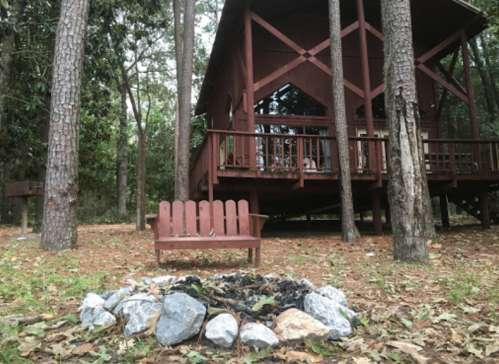 A wooden cabin in a forest, with a fire pit made of stones and a small bench in front, surrounded by trees.