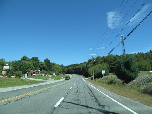 A scenic highway stretches ahead, flanked by trees and a clear blue sky, with a road sign indicating Route 102.