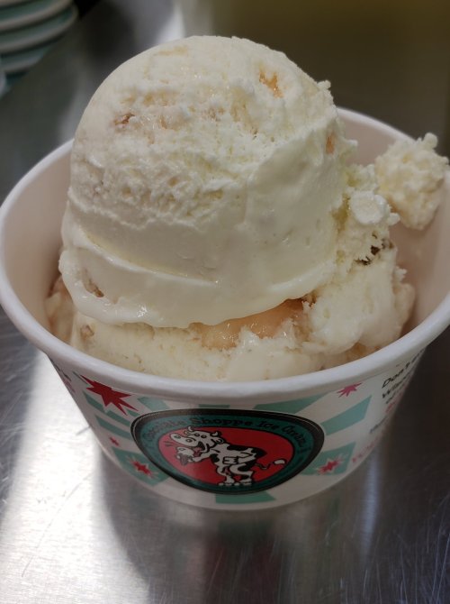 A cup of creamy vanilla ice cream with a smooth texture, served in a colorful paper container.