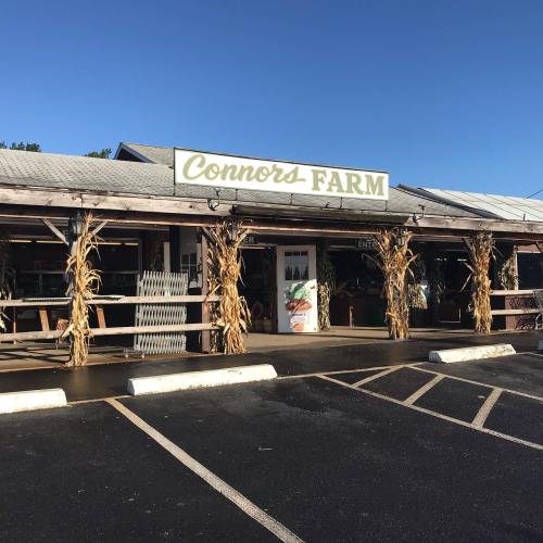 A rustic farm store with a sign reading "Connors Farm," featuring corn stalks and a clear blue sky.