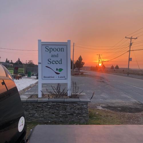 Sign for "Spoon and Seed" restaurant at sunset, with a road and power lines in the background.