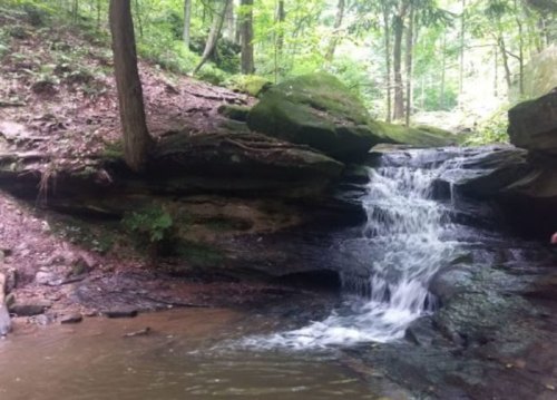 A serene waterfall cascading over rocks in a lush, green forest setting.