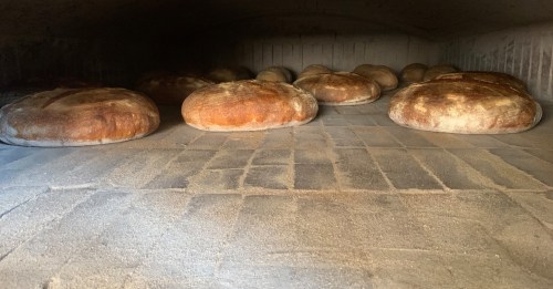 Loaves of bread baking in a stone oven, with a warm, rustic interior and a dusting of flour on the surface.