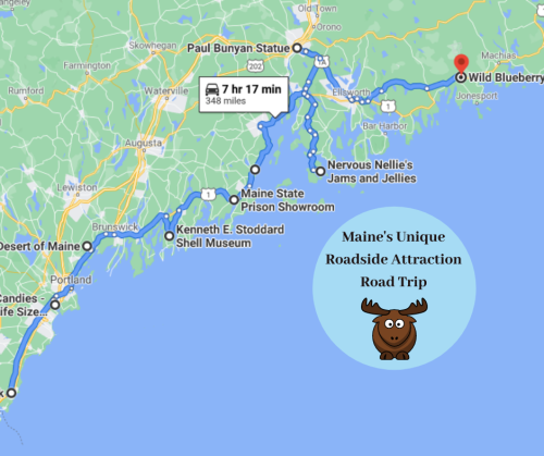 Map showing a road trip route in Maine to unique roadside attractions, ending at Wild Blueberry in Jonesport.