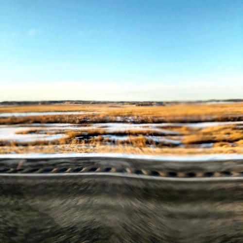 A serene landscape featuring a snowy field under a clear blue sky, with distant hills on the horizon.