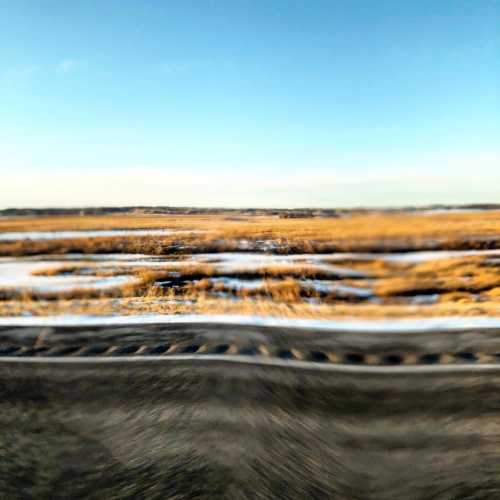 A serene landscape featuring a snowy field under a clear blue sky, with distant hills on the horizon.