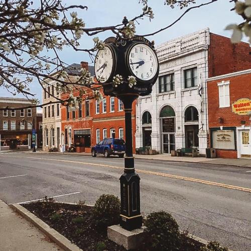A vintage clock stands on a street lined with historic buildings and blooming trees.