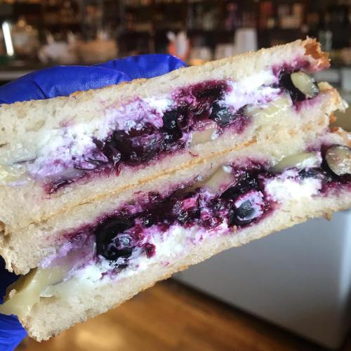 A close-up of a sandwich filled with cream cheese, blueberries, and nuts, held by a gloved hand.
