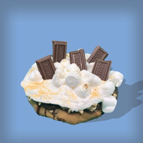 A delicious dessert featuring a cookie topped with marshmallows, chocolate bars, and a creamy layer.