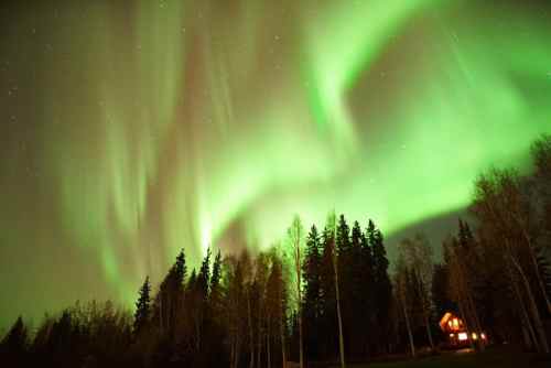A vibrant green aurora borealis dances over a forest, with a cozy cabin illuminated in the foreground.