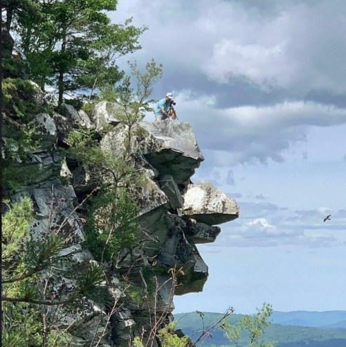 A person stands on a rocky cliff edge, overlooking a scenic landscape with trees and distant mountains under a cloudy sky.