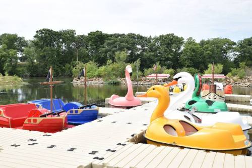 Colorful paddle boats in various shapes docked at a wooden pier by a calm lake surrounded by greenery.