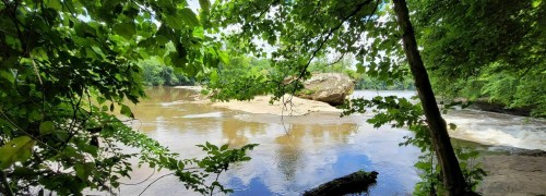 A serene river scene framed by lush green foliage, with calm waters reflecting the sky and a large rock in the distance.