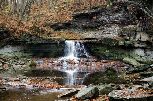 A serene waterfall cascades over rocks into a calm pool, surrounded by autumn leaves and forested cliffs.