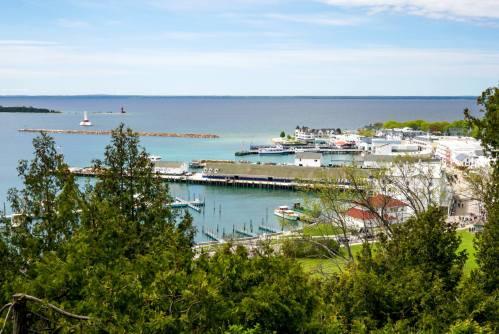 A scenic view of a harbor with boats, docks, and a lighthouse, surrounded by greenery and calm blue waters.