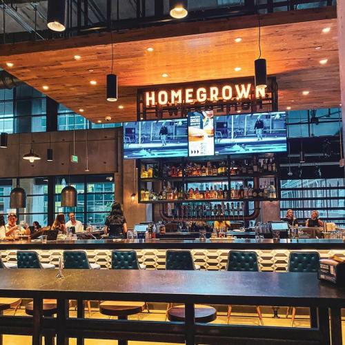 A modern bar with a "Homegrown" sign, featuring a long counter, shelves of drinks, and patrons enjoying their time.
