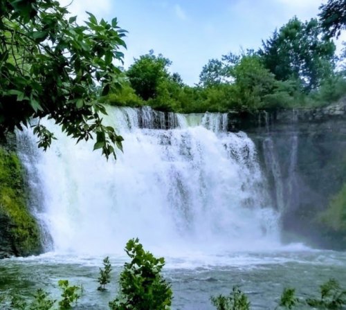 A cascading waterfall surrounded by lush greenery and trees, with mist rising from the water below.