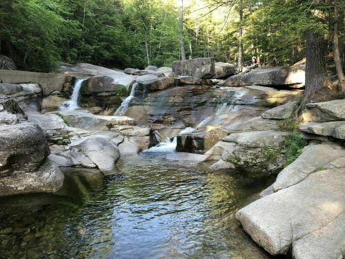 A serene natural scene featuring a clear pool of water surrounded by large rocks and gentle waterfalls in a forested area.