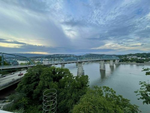 A scenic view of a bridge over a river, surrounded by greenery and a cloudy sky at sunset.