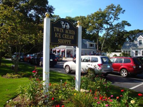 Sign for Twin Acres Ice Cream Shoppe with cars parked nearby and colorful flowers in the foreground.