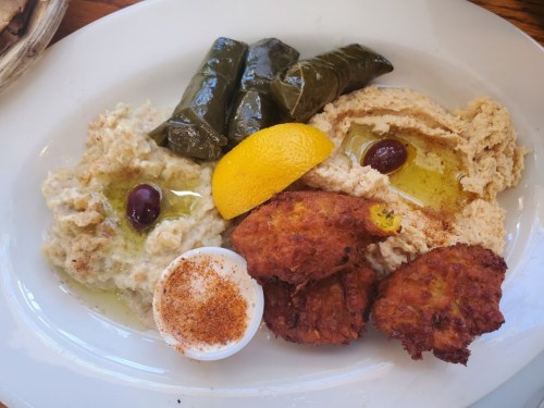 A plate featuring hummus, grape leaves, lemon, fried patties, and a small cup of sauce, garnished with olives.
