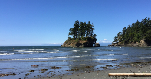 A serene beach scene with gentle waves, rocky outcrops, and trees under a clear blue sky.