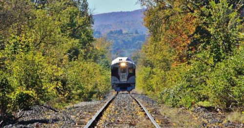 A train approaches on a track surrounded by vibrant autumn foliage and distant mountains.