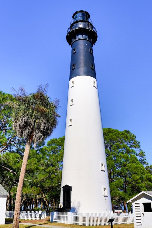 A tall lighthouse with a black and white design, surrounded by green trees and a clear blue sky.