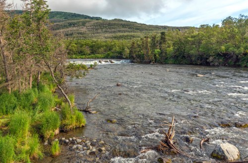 A serene river flows through a lush landscape, with trees lining the banks and a gentle waterfall in the background.