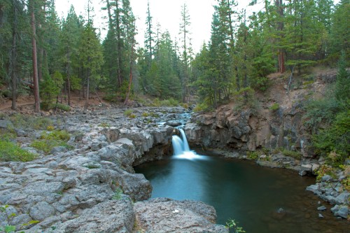 A serene waterfall cascades into a calm pool, surrounded by lush green trees and rocky terrain.
