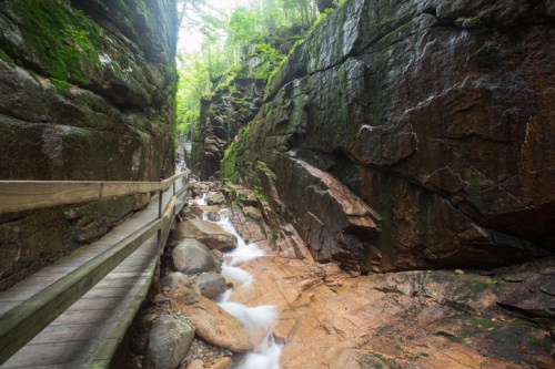 A narrow canyon with steep rock walls, a wooden walkway, and a flowing stream surrounded by lush greenery.