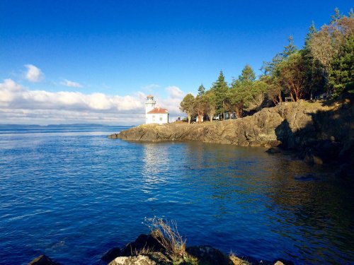 A scenic view of a lighthouse on a rocky shore, surrounded by trees and calm blue waters under a clear sky.