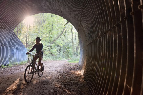 A cyclist rides through a tunnel surrounded by trees, with sunlight streaming in from the entrance.