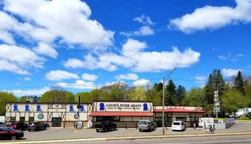 A storefront for Louie's Finer Meats, featuring blue ribbons and a clear blue sky with fluffy clouds.