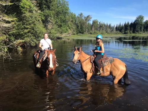 Two people riding horses in a calm, wooded area with water, enjoying a sunny day outdoors.