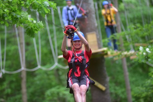 A person in a red shirt zip lines through a forest, smiling, with others on a platform in the background.