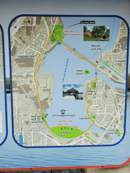 Map showing parks and trails around a lake, with marked locations including "You Are Here" and various park names.