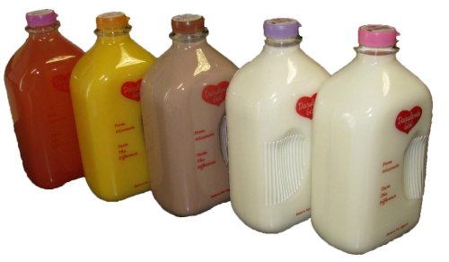 Five colorful milk jugs in various flavors: strawberry, banana, chocolate, and regular milk, lined up on a white background.
